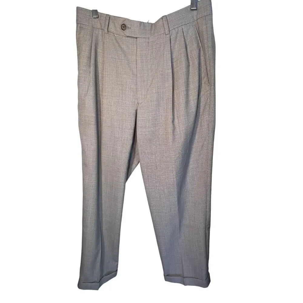 Alan Flusser men 32 micro houndstooth pleated wool linen cuffed dress pants flaw